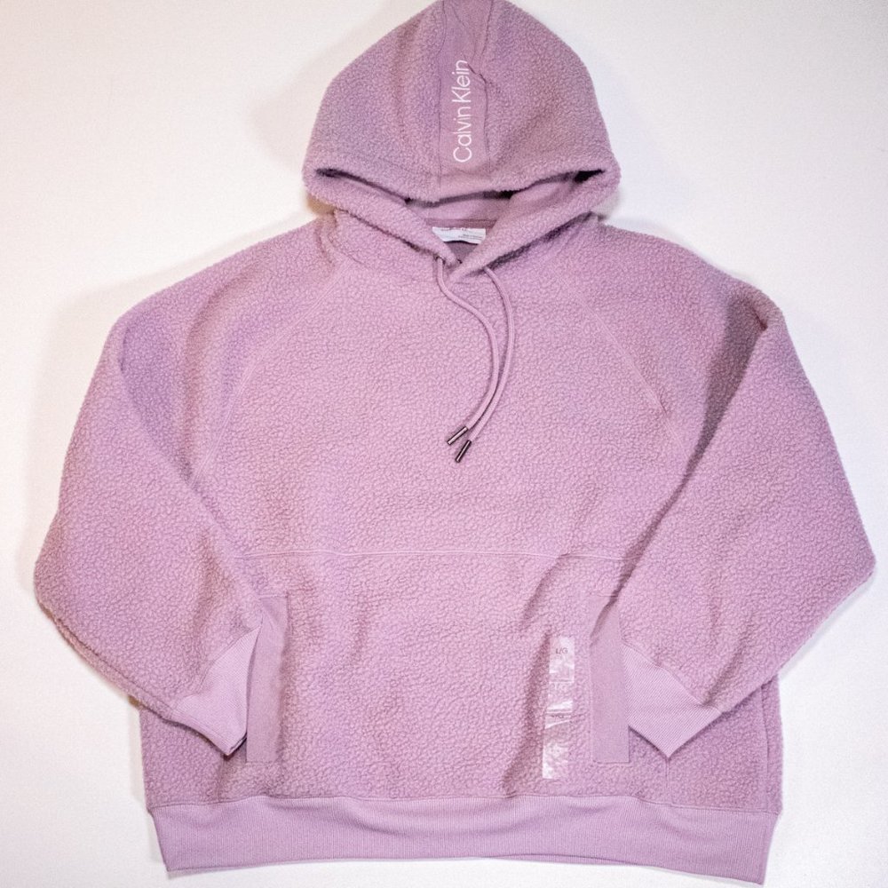 Calvin Klein Mens Hoodie Plush Sherpa w/ Kangaroo Pocket Relaxed Pullover Purple